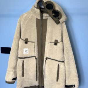 Large C.P. Company White Teddy Fleece / Green Nylon Reversible Goggle Jacket