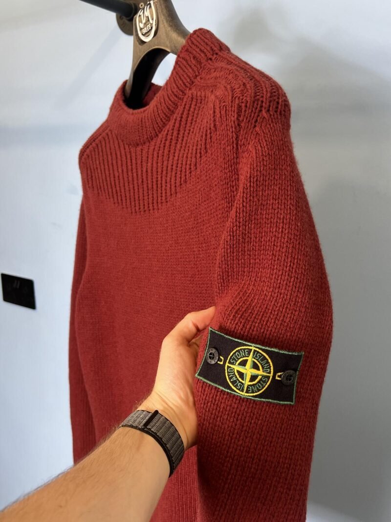 Large Stone Island Red 2002 Wool Mock Neck Jumper Green Edge Badge