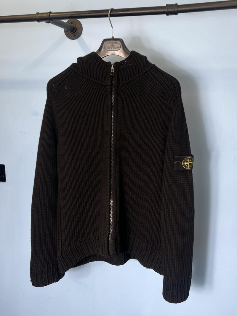 Large Stone Island 2002 Black Chunky Knit Full Zip Hoodie Jumper Chain Stitch