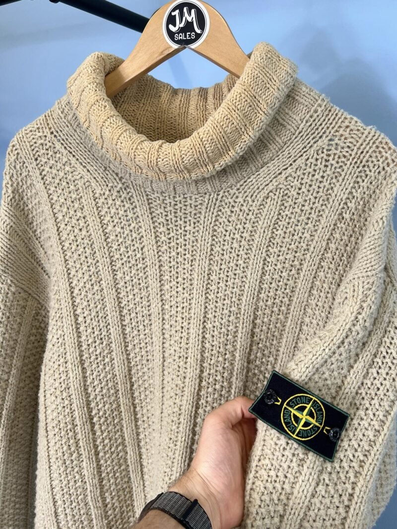 XXL Stone Island 1996 Beige Chunky Knit Roll Neck Jumper Green Edge Badge