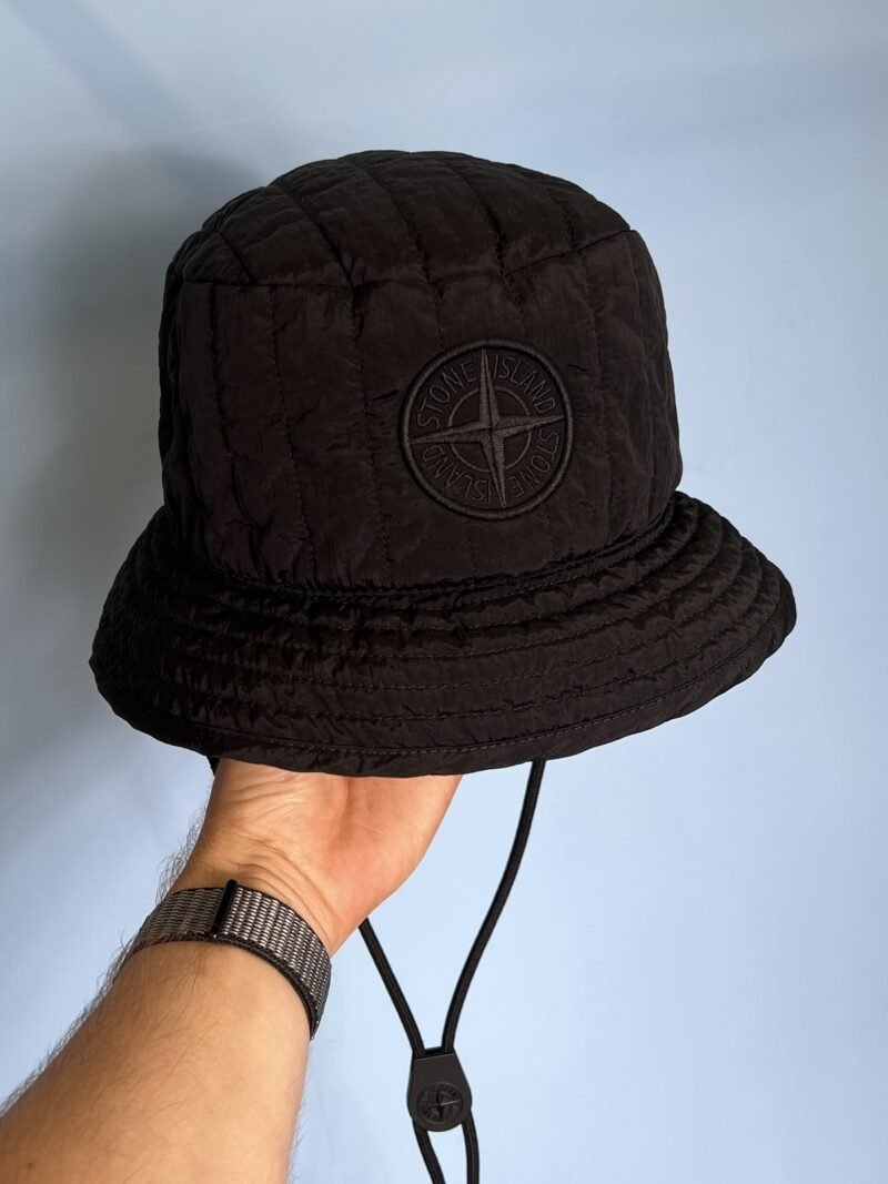 Large Stone Island Black Nylon Metal Drawstring Padded Bucket Hat