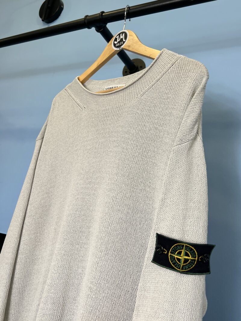 3XL Stone Island 1996 Light Grey Cotton Knit Sweatshirt Green Edge Badge Vintage