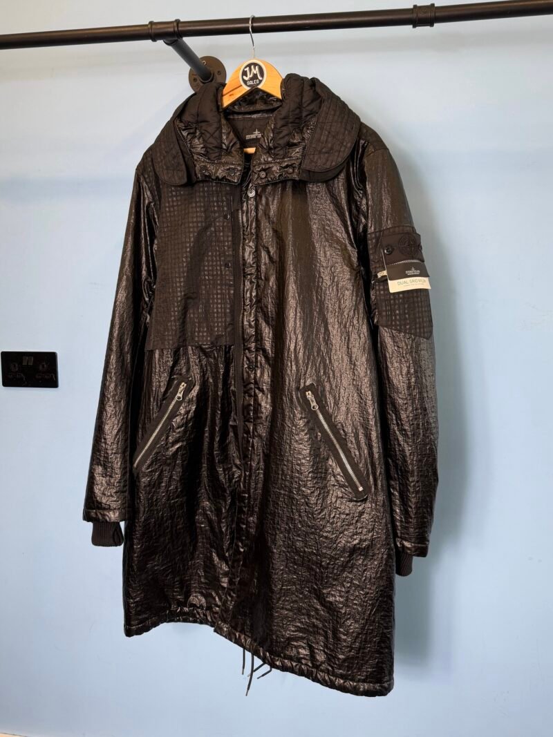 Large Stone Island Shadow Project Black Dual Grid Nylon Padded Parka Jacket