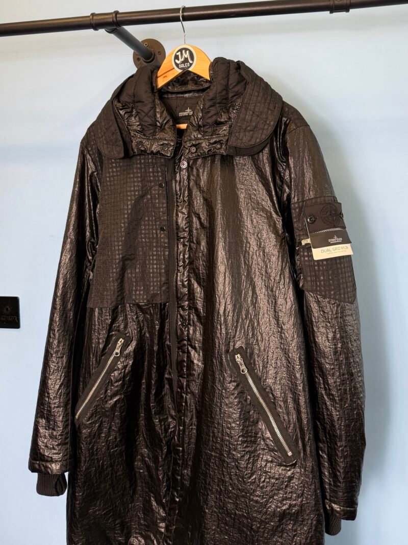 Large Stone Island Shadow Project Black Dual Grid Nylon Padded Parka Jacket - Image 2