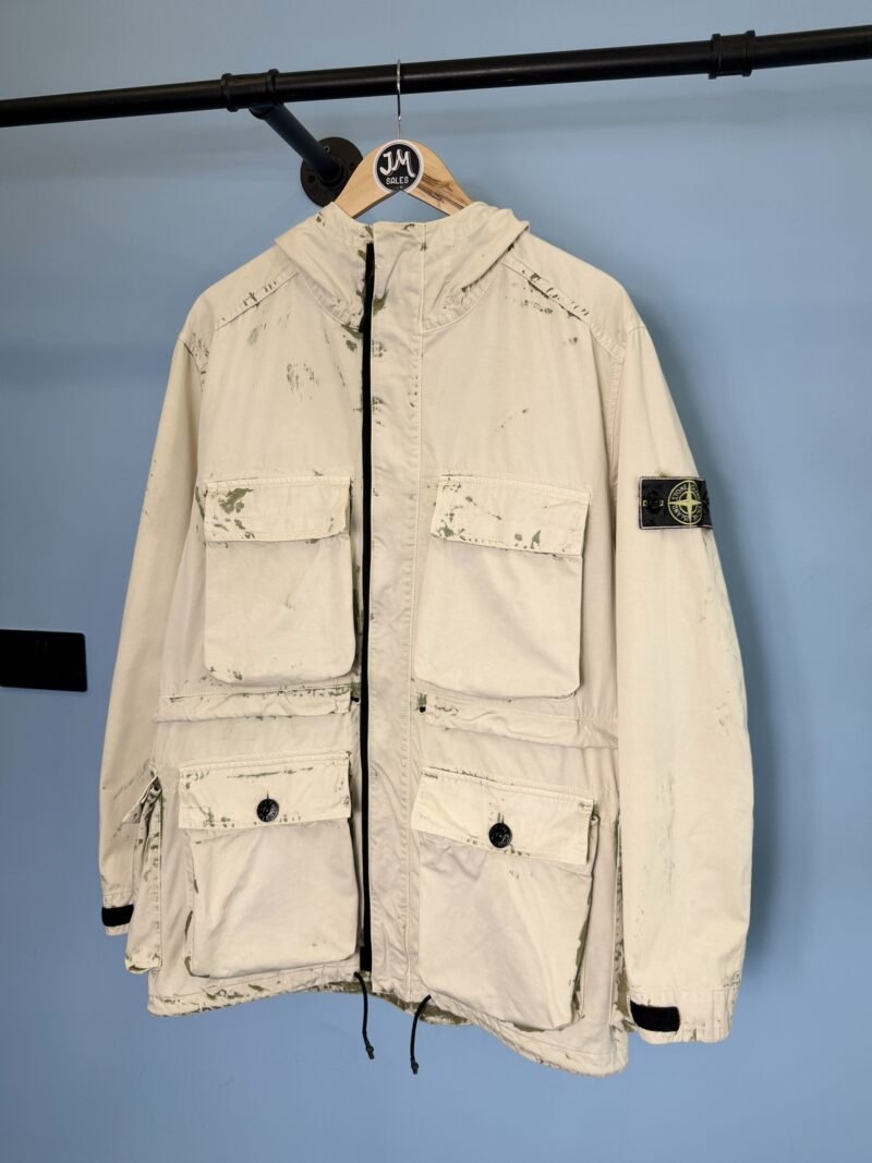 Large Stone Island White Green Hand Corrosion on Raso Jacket