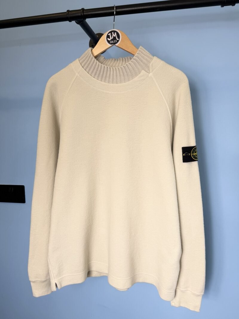 XL Stone Island Plaster Brown White Fleece Knit Jumper with Virgin Wool Collar
