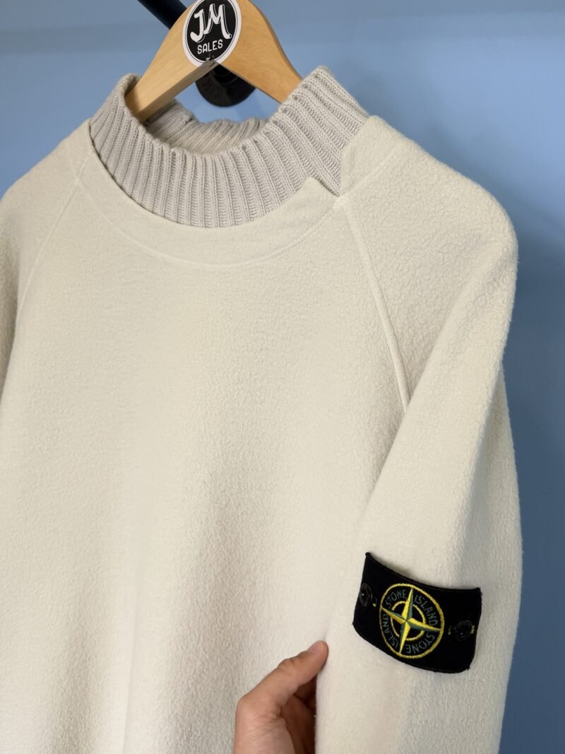 XL Stone Island Plaster Brown White Fleece Knit Jumper with Virgin Wool Collar - Image 3