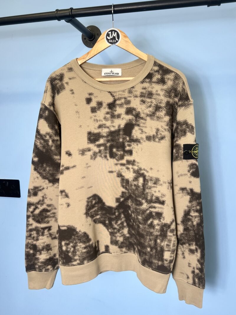 Large Stone Island Light Tan Brown Black Earth Mapping Camo Crewneck Jumper