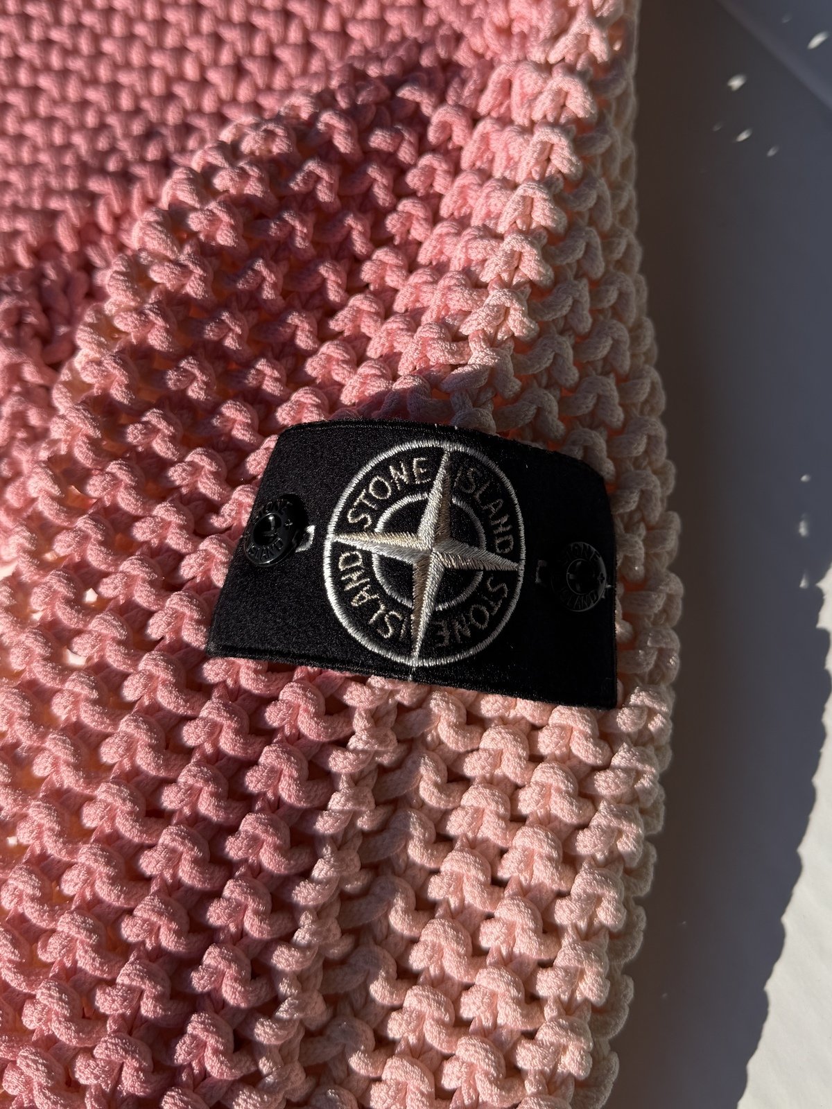 Large Stone Island Cream White / Pink UV Reactive Heavy Chain Stitch Knit Jumper - Image 8