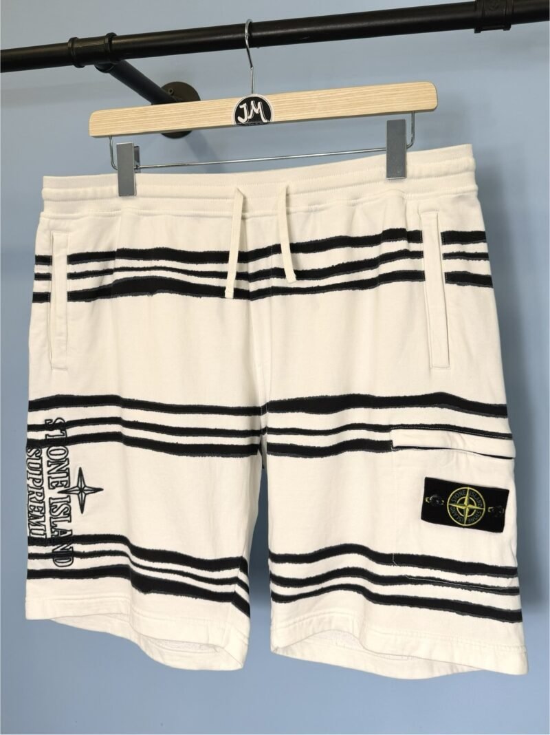XL Stone Island x Supreme White Navy Blue Striped Spellout Shorts 36W 38W