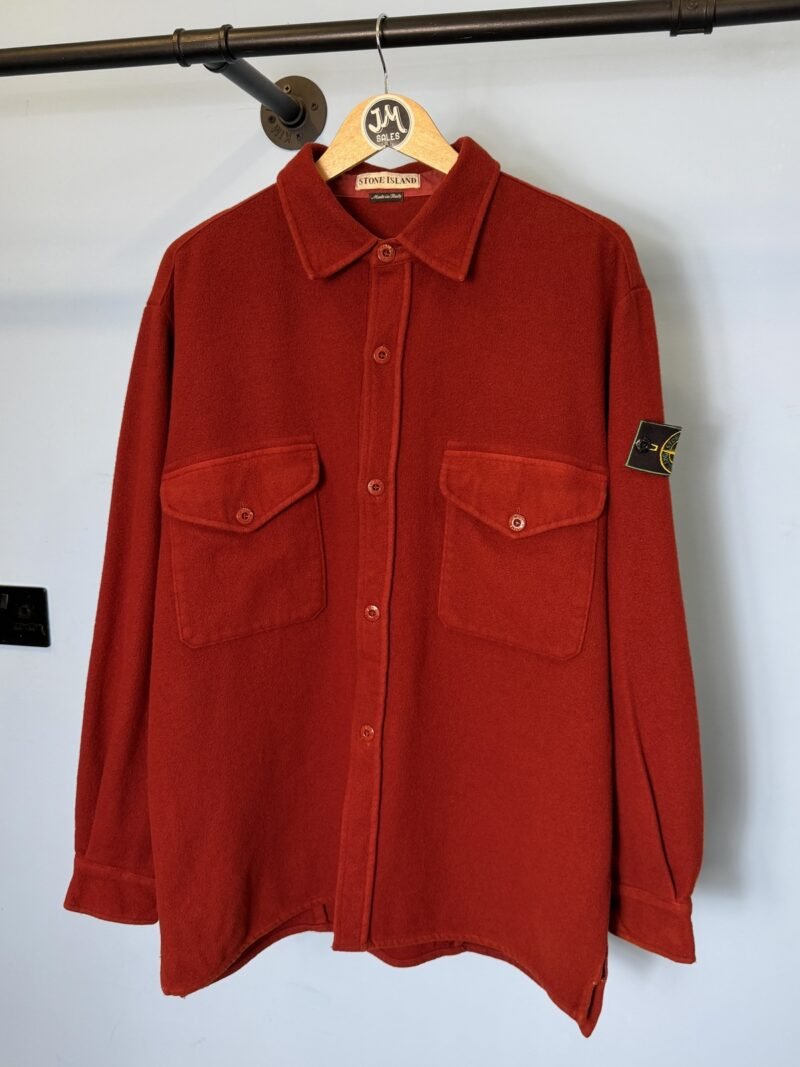 XL Stone Island 1997 Red Wool Overshirt Jacket with Green Edge Badge