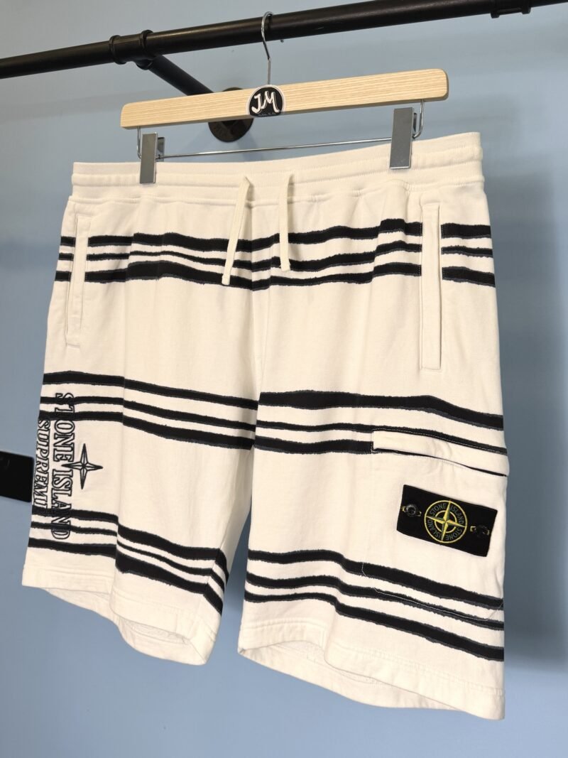 Alternative view of XL Stone Island x Supreme White Navy Blue Striped Spellout Shorts 36W 38W