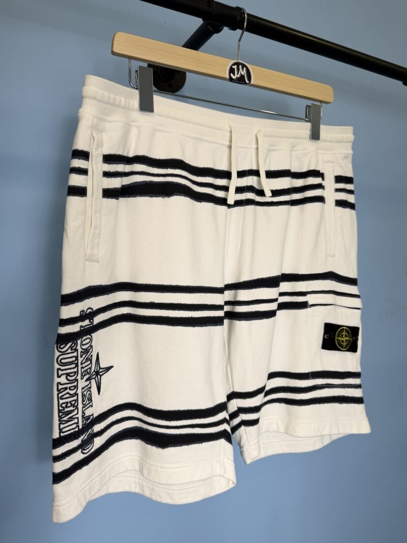 XL Stone Island x Supreme White Navy Blue Striped Spellout Shorts 36W 38W - Image 3
