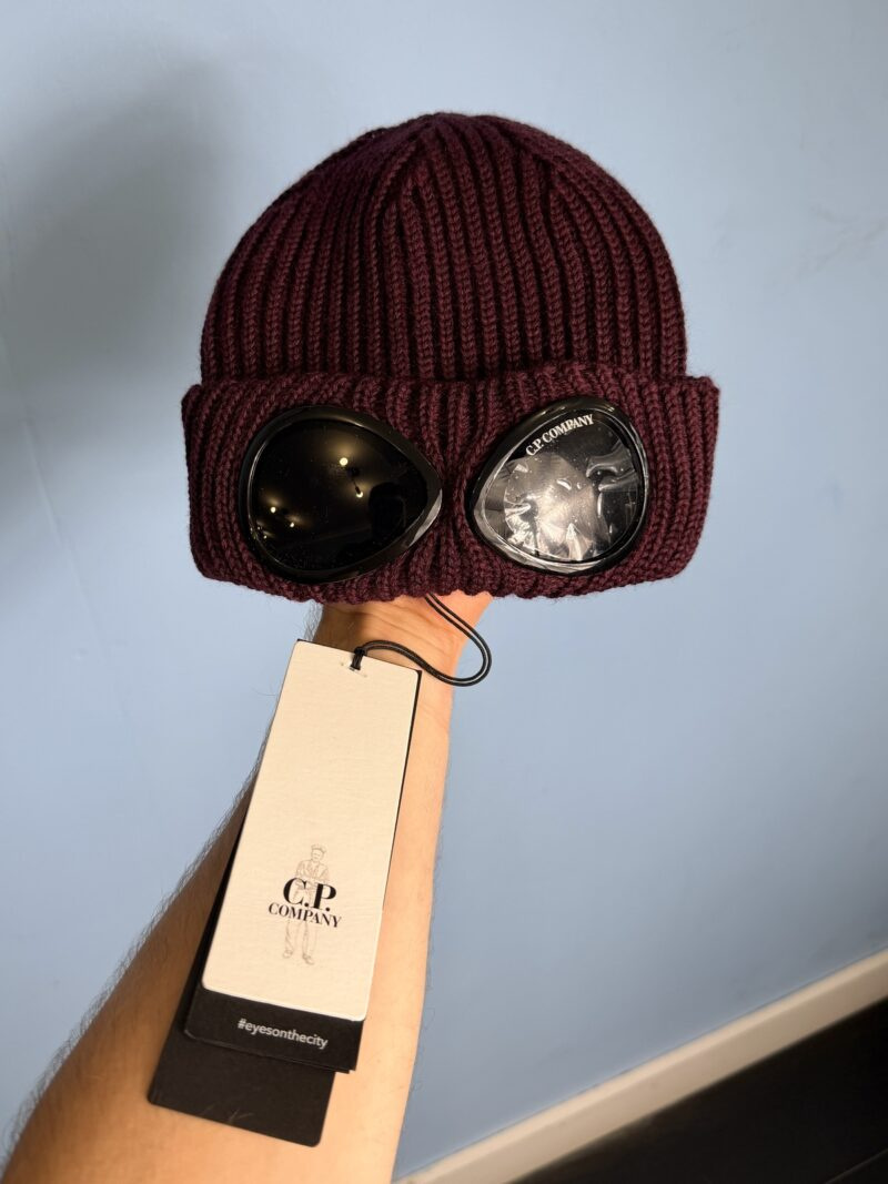 BNWT One Size C.P. Company Burgundy Merino Wool Ribbed Goggle Beanie Hat - Image 2