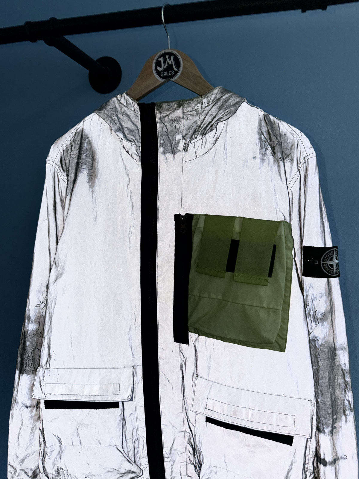 Medium Stone Island Silver Green Plated Reflective Jacket Mussola Gommata Jacket - Image 2