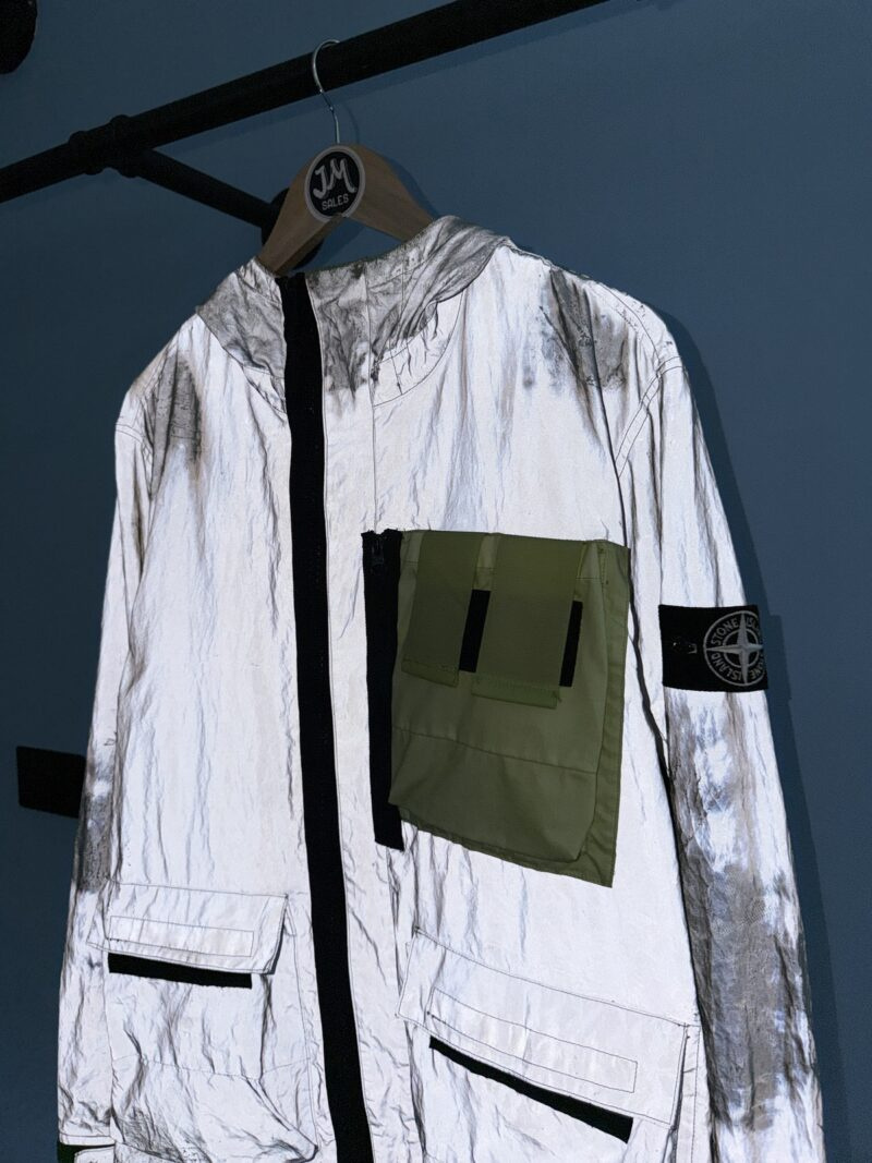 Medium Stone Island Silver Green Plated Reflective Jacket Mussola Gommata Jacket - Image 3