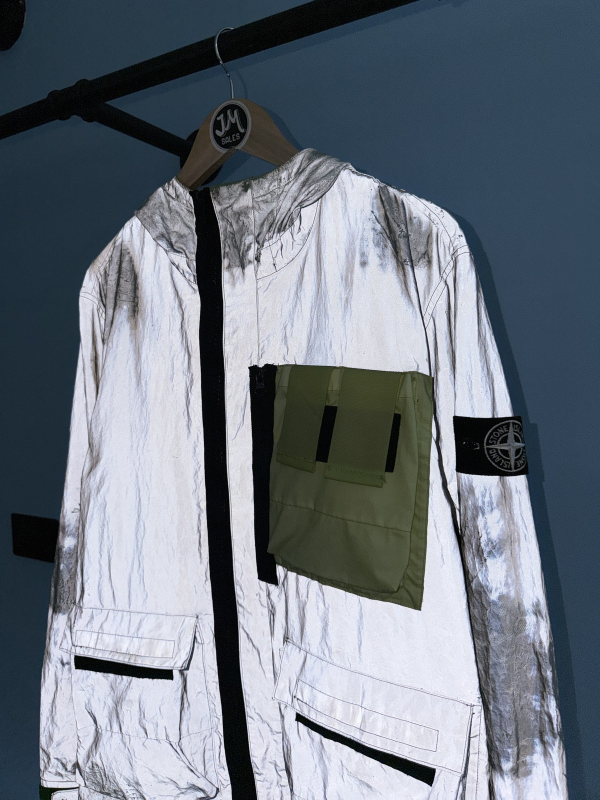 Medium Stone Island Silver Green Plated Reflective Jacket Mussola Gommata Jacket - Image 3