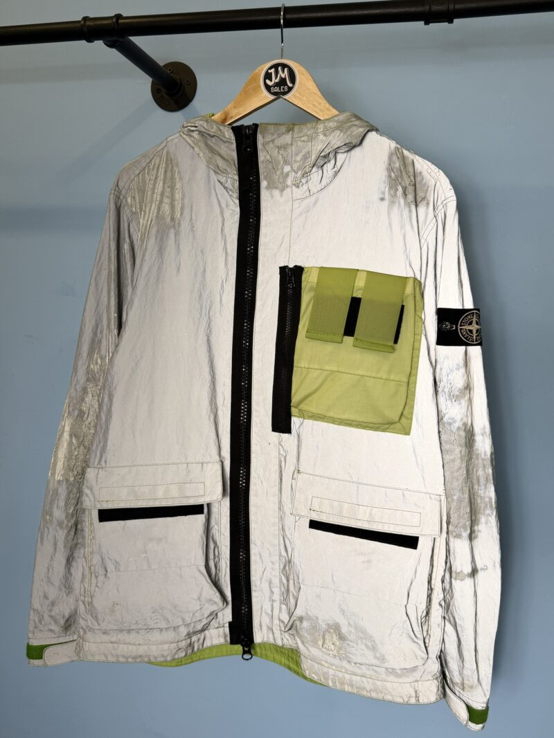 Medium Stone Island Silver Green Plated Reflective Jacket Mussola Gommata Jacket - Image 5