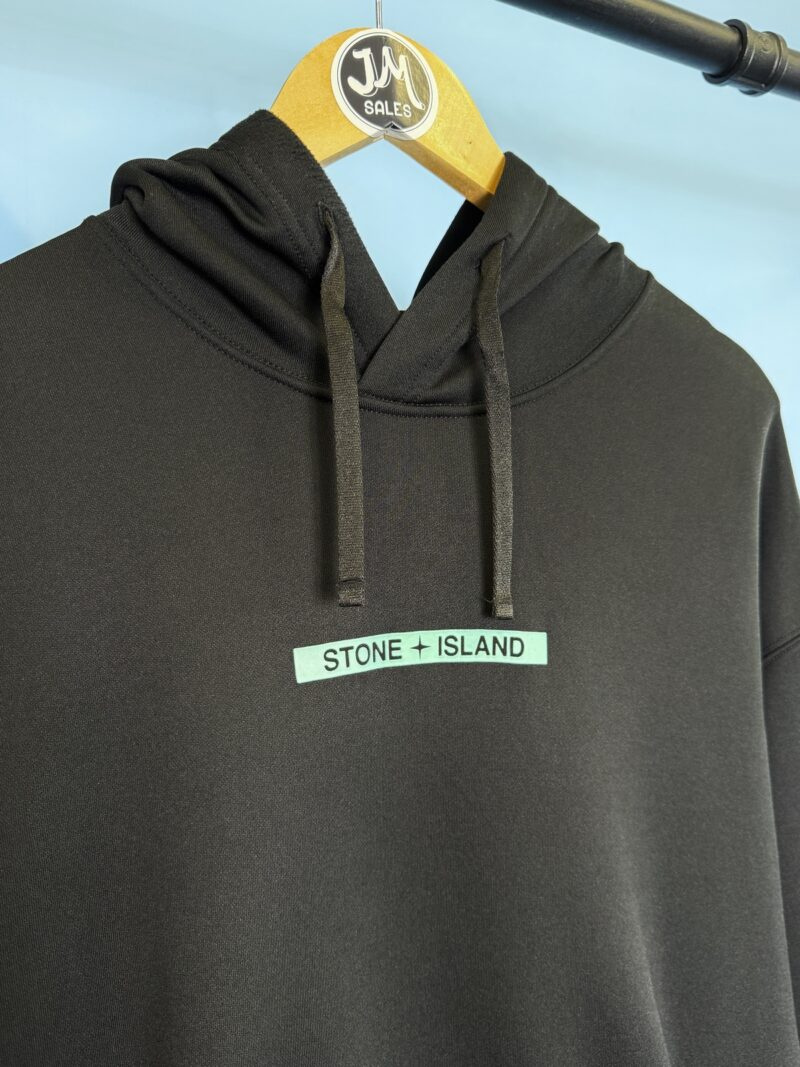 XL Stone Island Black Baby Blue Spellout Technical Fabric Hoodie Jumper - Image 3