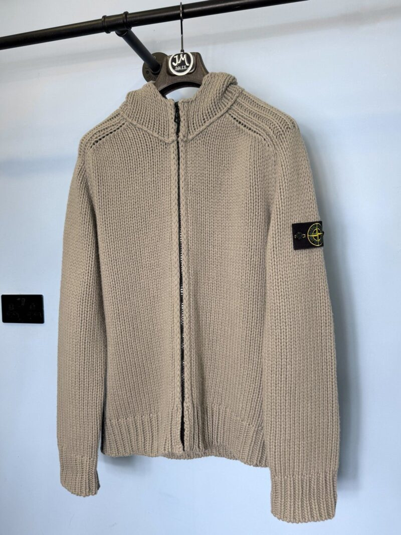 XL 2002 Stone Island Grey Chunky Knit Wool Zip Hoodie Jumper
