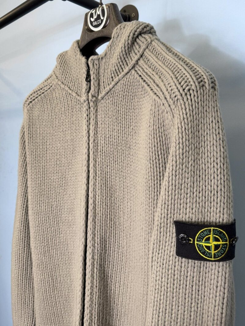 XL 2002 Stone Island Grey Chunky Knit Wool Zip Hoodie Jumper - Image 3