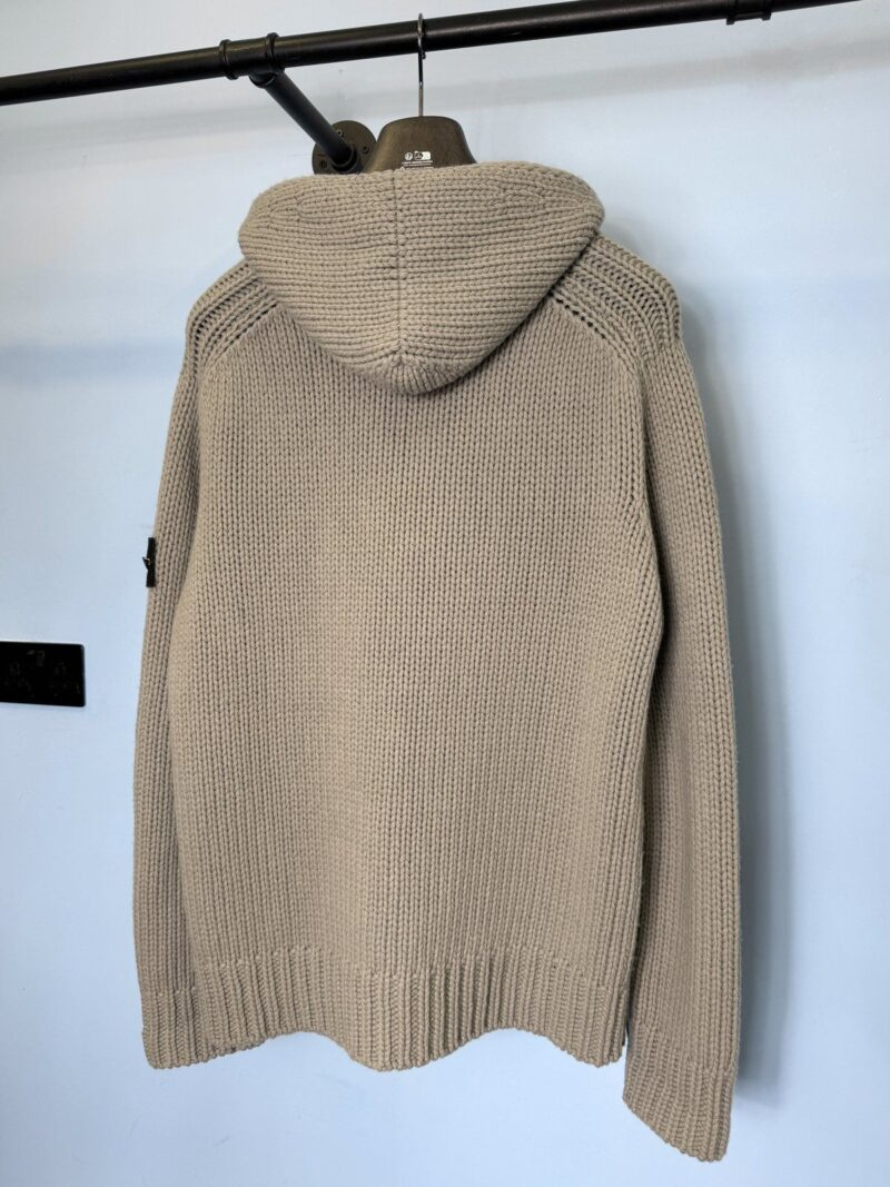XL 2002 Stone Island Grey Chunky Knit Wool Zip Hoodie Jumper - Image 4