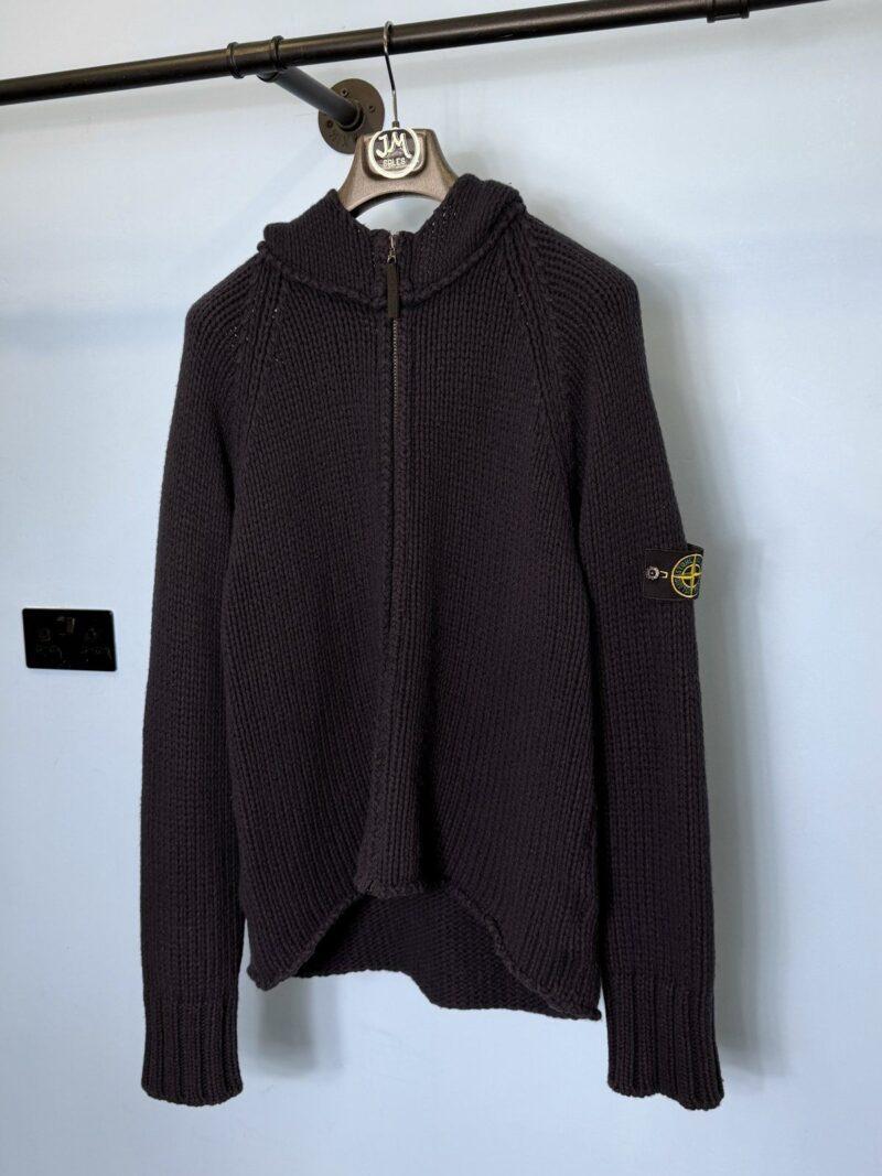 Large 2000 Stone Island Navy Blue Chunky Knit Wool Zip Hoodie Jumper