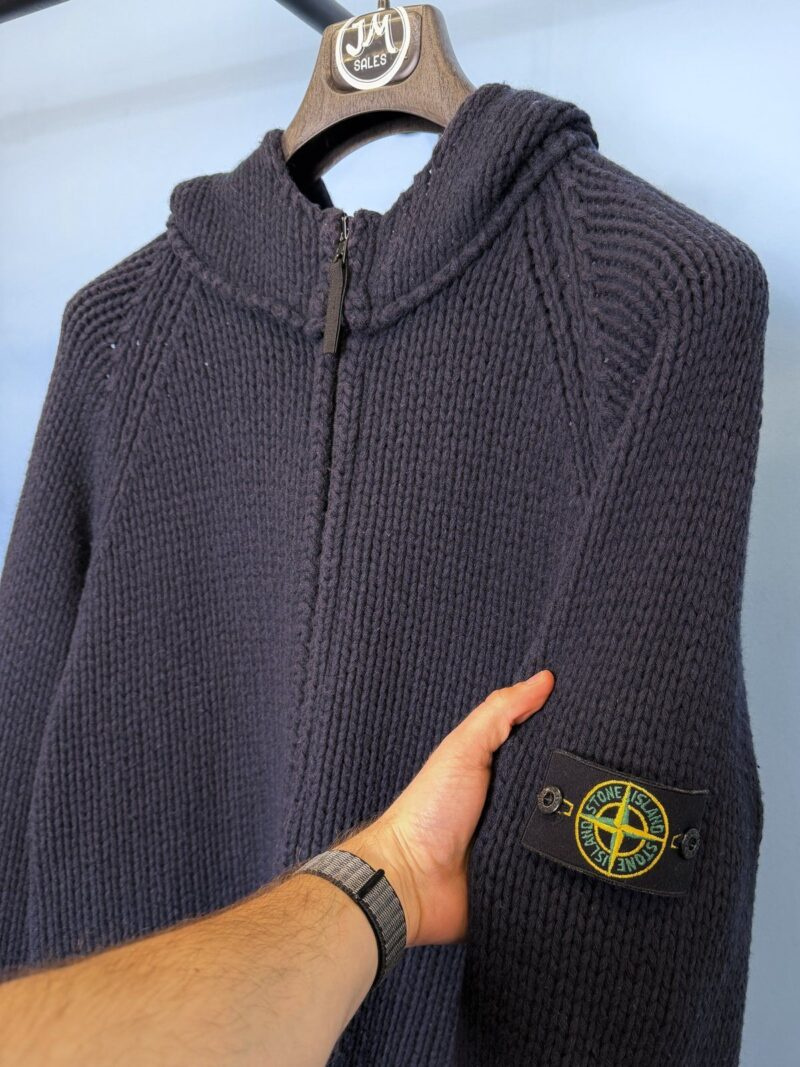 Large 2000 Stone Island Navy Blue Chunky Knit Wool Zip Hoodie Jumper - Image 3