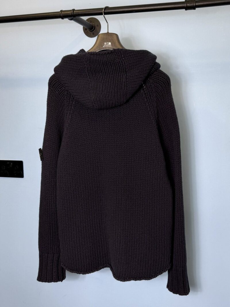 Large 2000 Stone Island Navy Blue Chunky Knit Wool Zip Hoodie Jumper - Image 4