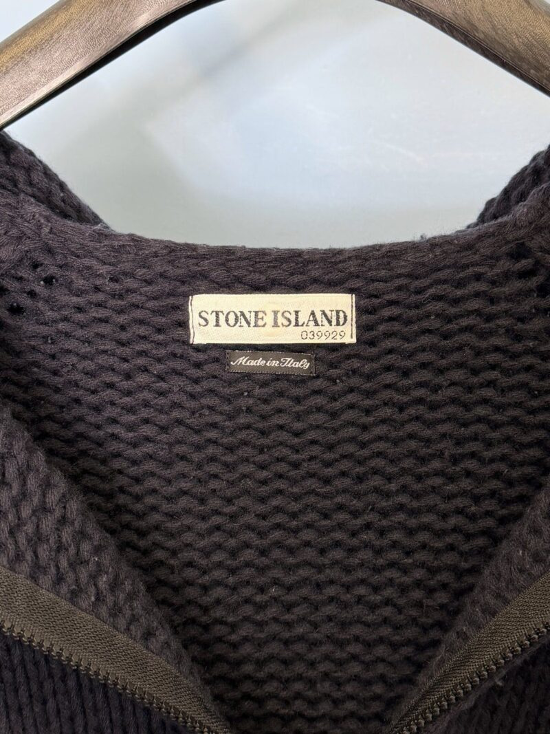Large 2000 Stone Island Navy Blue Chunky Knit Wool Zip Hoodie Jumper - Image 5