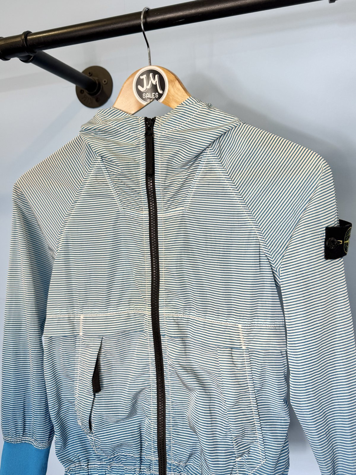 Age 8 Stone Island Junior Blue White Striped Lightweight Hooded Jacket - Image 2