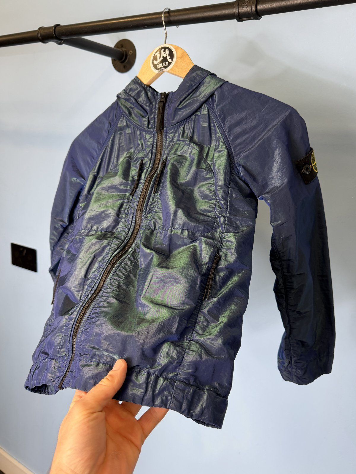 RARE Age 8 Stone Island Junior Blue Green Nylon Metal Weft Hooded Jacket - Image 2