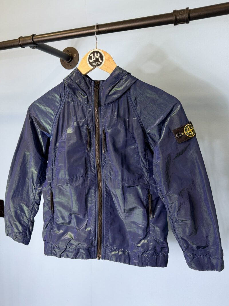 RARE Age 8 Stone Island Junior Blue Green Nylon Metal Weft Hooded Jacket - Image 3