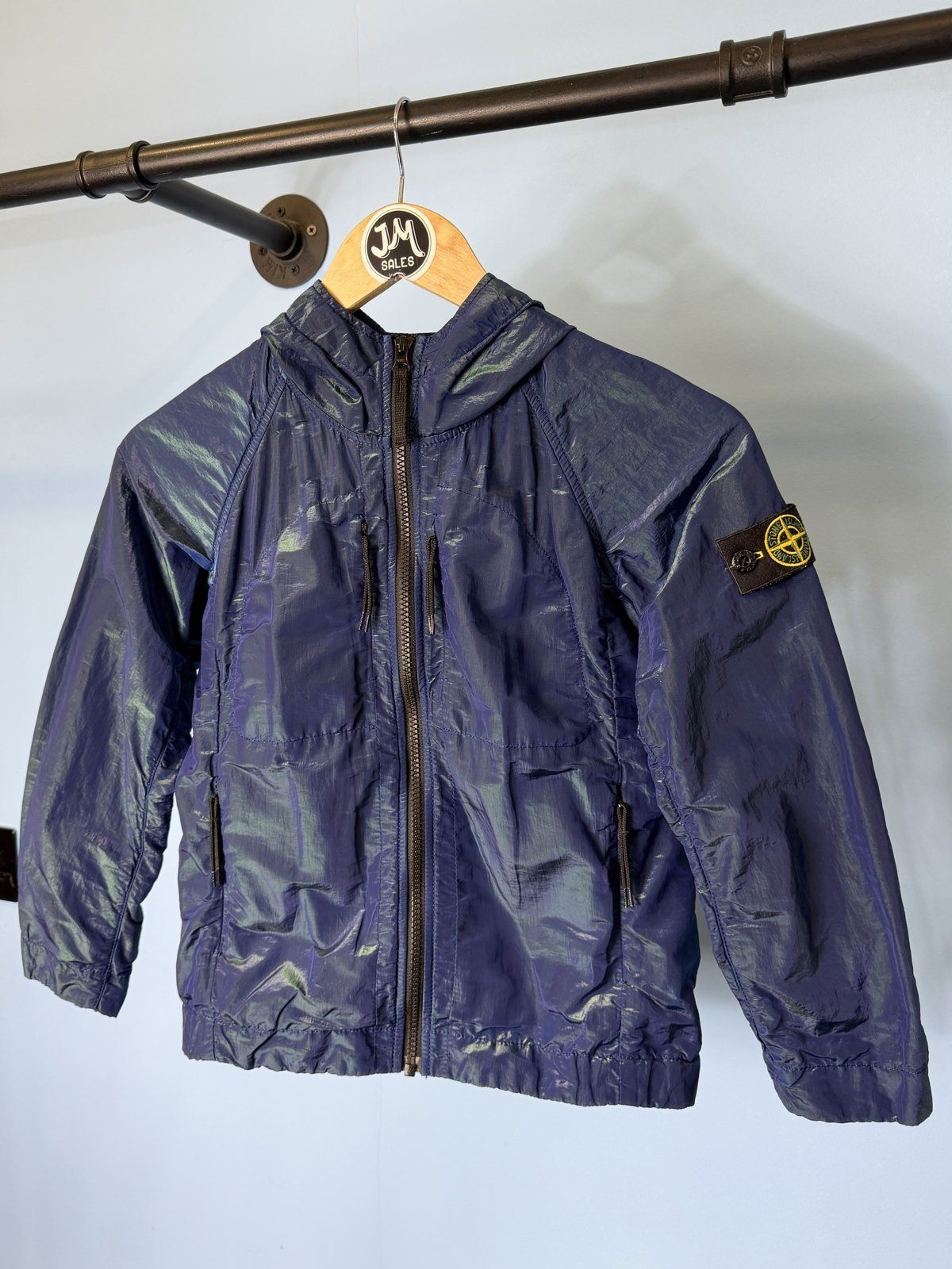 RARE Age 8 Stone Island Junior Blue Green Nylon Metal Weft Hooded Jacket - Image 3