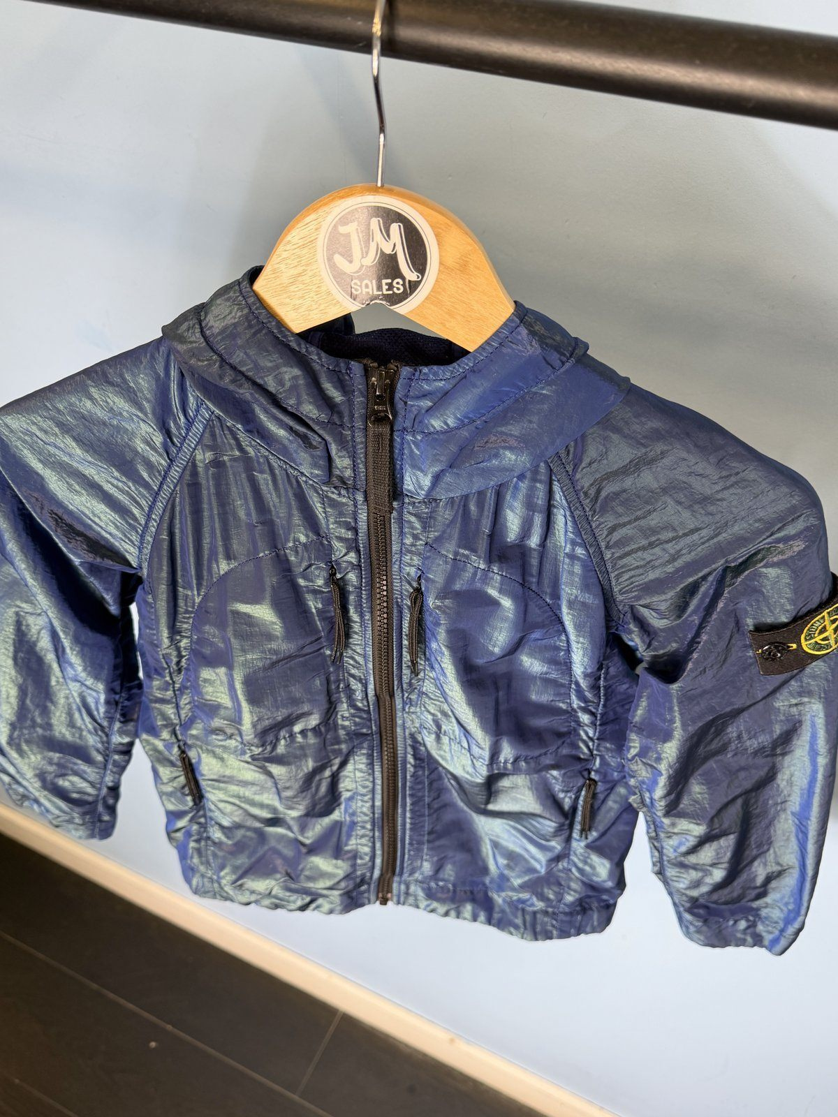 RARE Age 8 Stone Island Junior Blue Green Nylon Metal Weft Hooded Jacket - Image 4