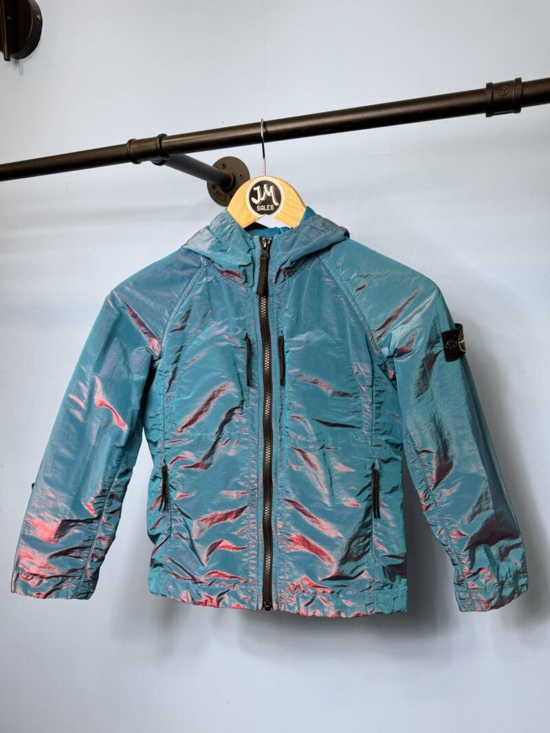 RARE Age 8 Stone Island Junior Light Blue Red Nylon Metal Weft Hooded Jacket