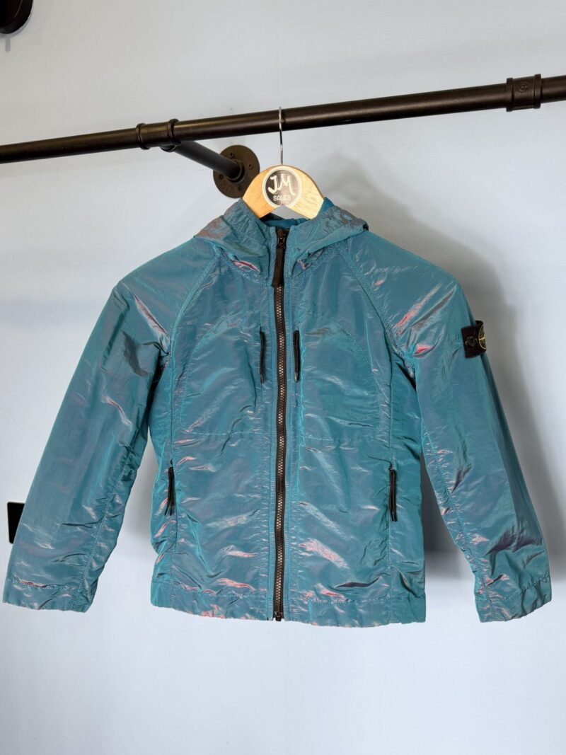 RARE Age 8 Stone Island Junior Light Blue Red Nylon Metal Weft Hooded Jacket - Image 3