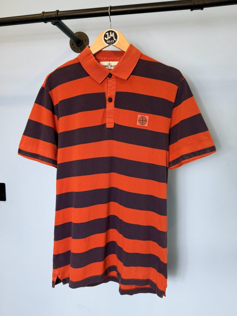 RARE Large Stone Island Orange Navy Blue Striped Polo Shirt