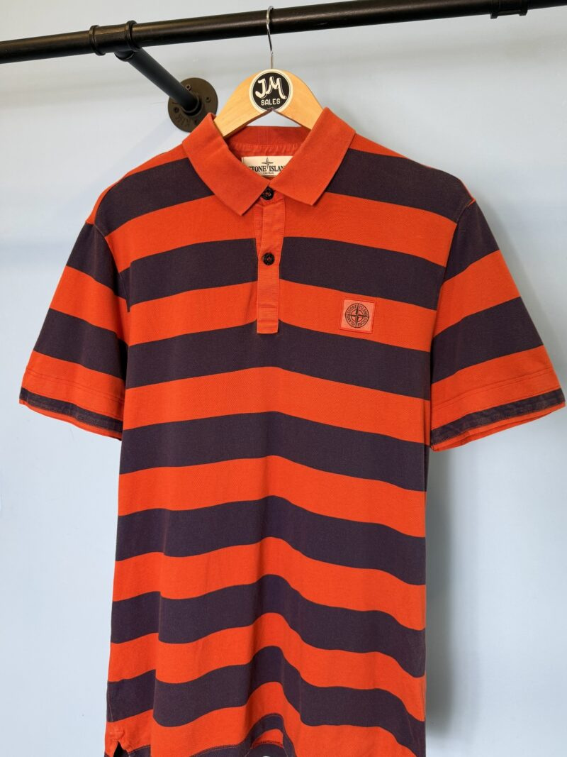 RARE Large Stone Island Orange Navy Blue Striped Polo Shirt - Image 2