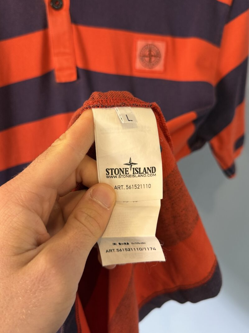 RARE Large Stone Island Orange Navy Blue Striped Polo Shirt - Image 4